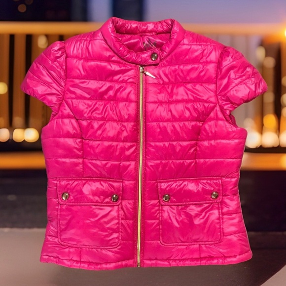 Nicki Minaj Hot Pink Puffy Vest Gold Zip Snap Pockets Women’s M EUC Rare Jacket - Picture 1 of 16